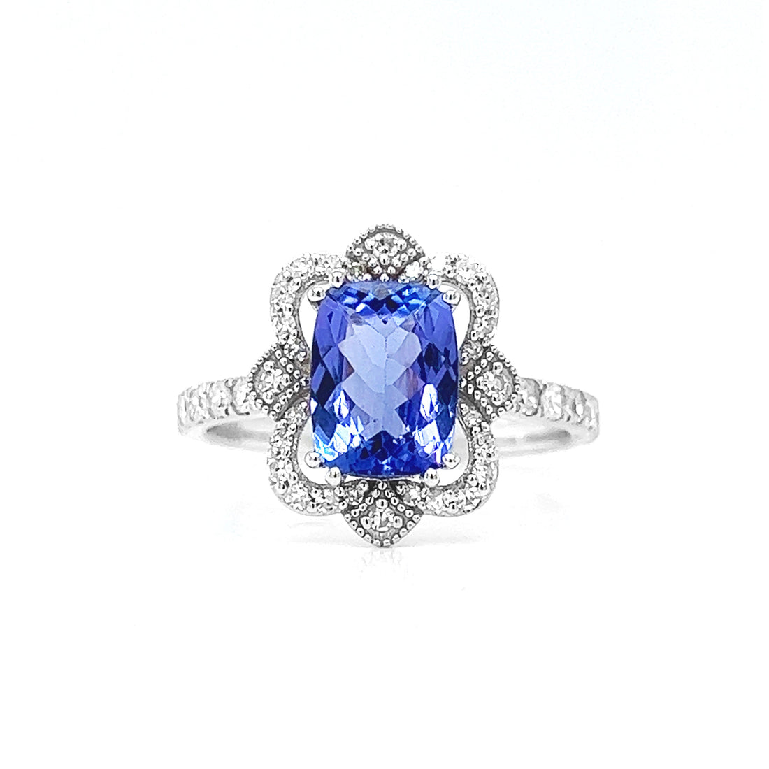 Natural Tanzanite and Natural Mined Diamond Art Deco White Gold Cocktail Ring