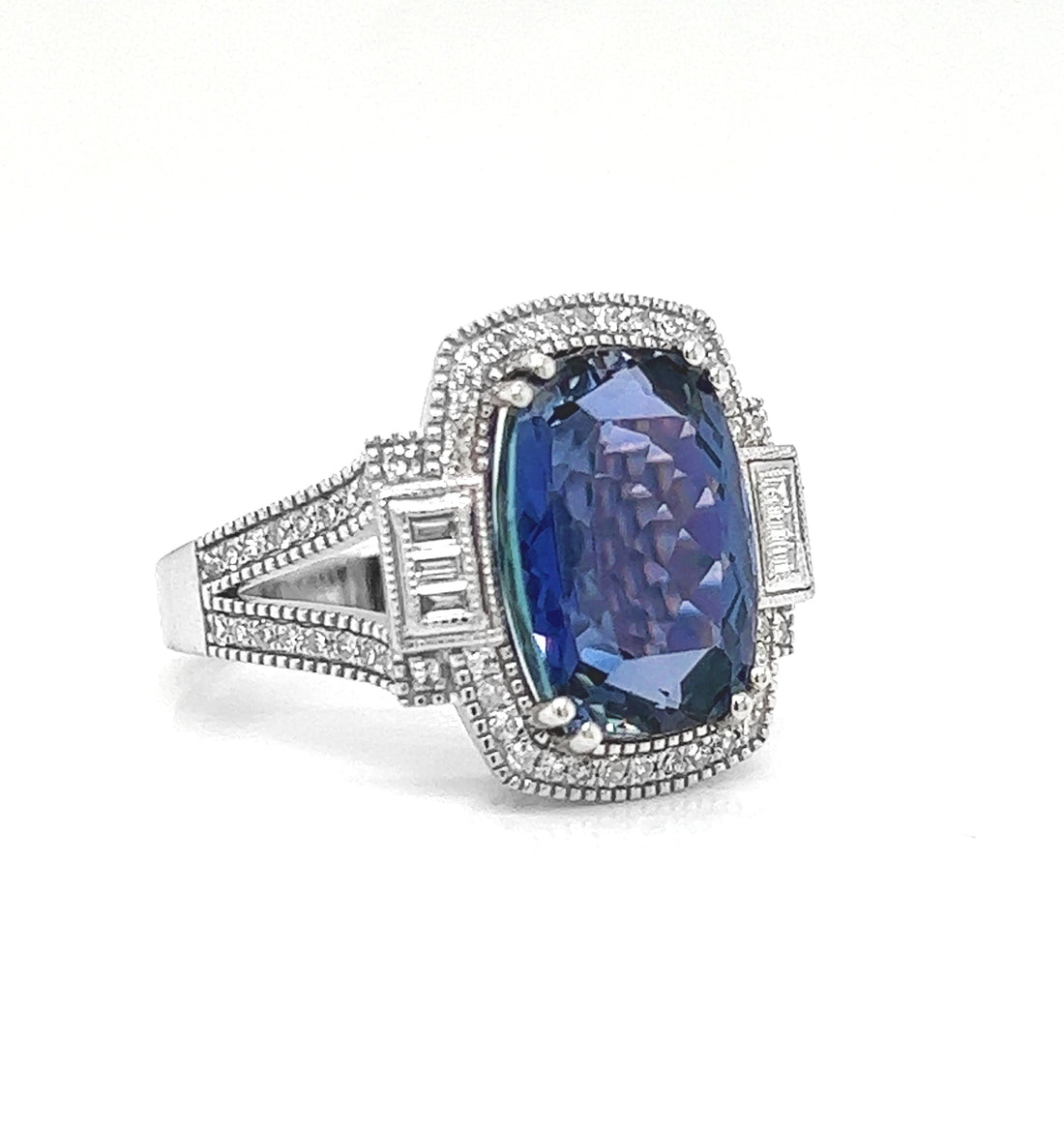 Natural Tanzanite and Natural Mined Diamond Cluster Art Deco White Gold Cocktail Ring