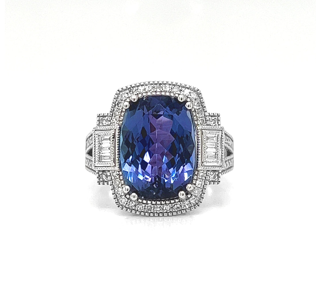 Natural Tanzanite and Natural Mined Diamond Cluster Art Deco White Gold Cocktail Ring