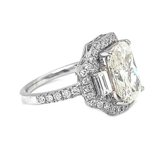 Natural Mined Cushion Cut Diamond with Natural Mined Melee and Baguette White Gold Ring