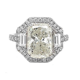 Natural Mined Cushion Cut Diamond with Natural Mined Melee and Baguette White Gold Ring