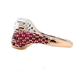 Natural Mined Pear Shaped Burmese Ruby with Rose Cut Natural Mined Diamond Bypass Ring Two-Tone Gold