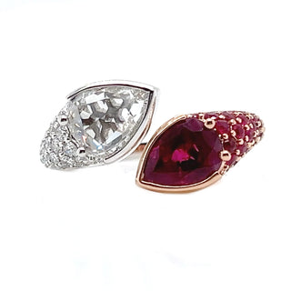 Natural Mined Pear Shaped Burmese Ruby with Rose Cut Natural Mined Diamond Bypass Ring Two-Tone Gold