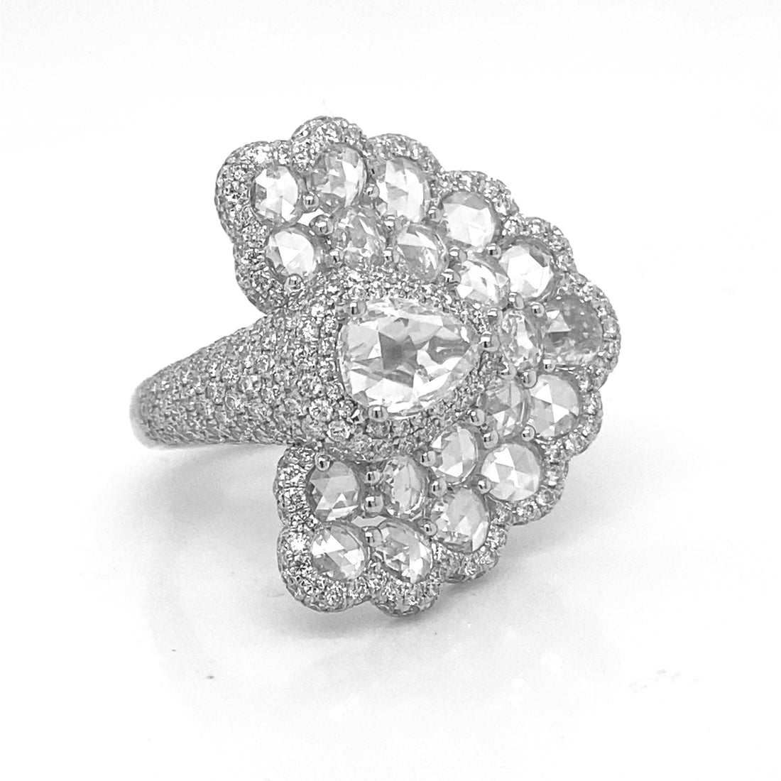 Natural Mined Rose Cut Diamond Art Deco Peacock White Gold Cocktail Ring