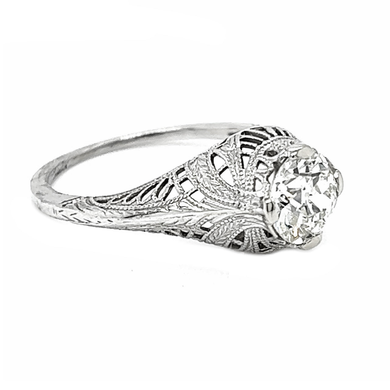 Natural Mined Old Euro EGL Diamond Art Deco Solitaire White Gold Ring