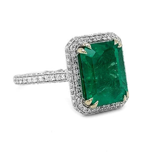 Natural Emerald with Diamond Halo Ring, White Gold AGL Certified