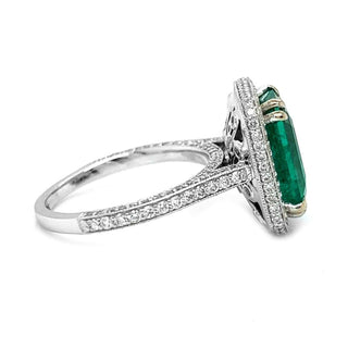 Natural Emerald with Diamond Halo Ring, White Gold AGL Certified