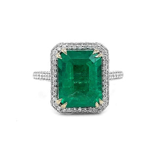 Natural Emerald and Round Diamond Ring, in White Gold