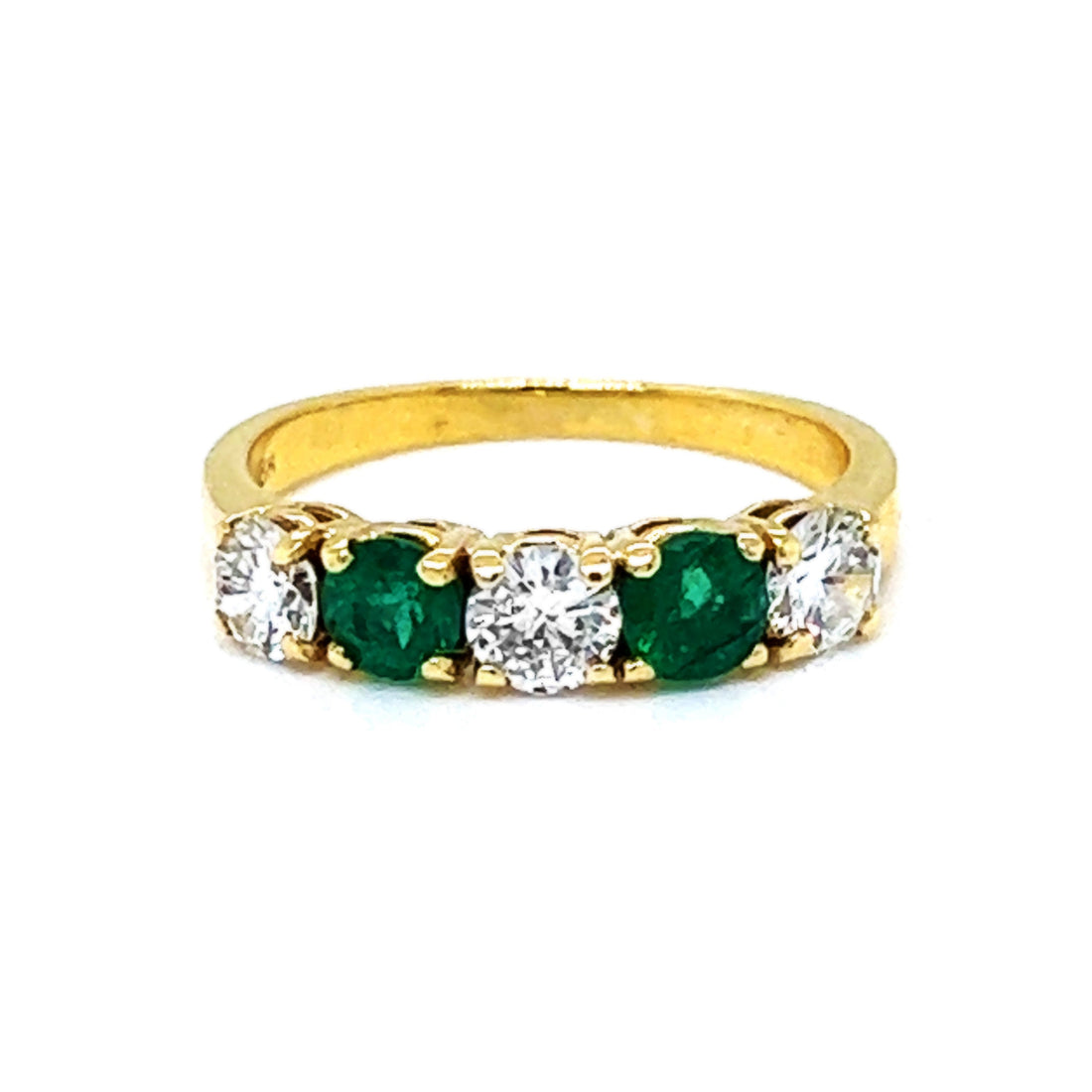 Natural Round Cut Emerald and Natural Mined Round Cut Diamond Five Stone Yellow Gold Ring