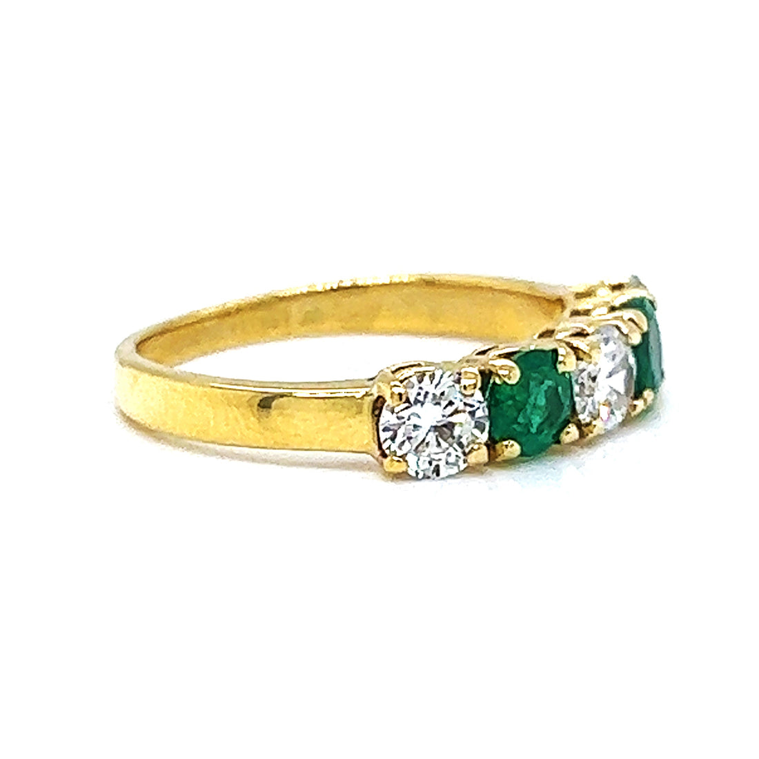 Natural Round Cut Emerald and Natural Mined Round Cut Diamond Five Stone Yellow Gold Ring