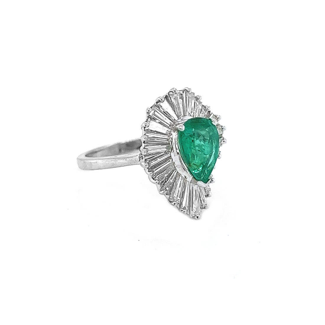 Natural Pear Shaped Emerald and Natural Mined Baguette Diamond Cluster Ballerina Starburst White Gold Ring