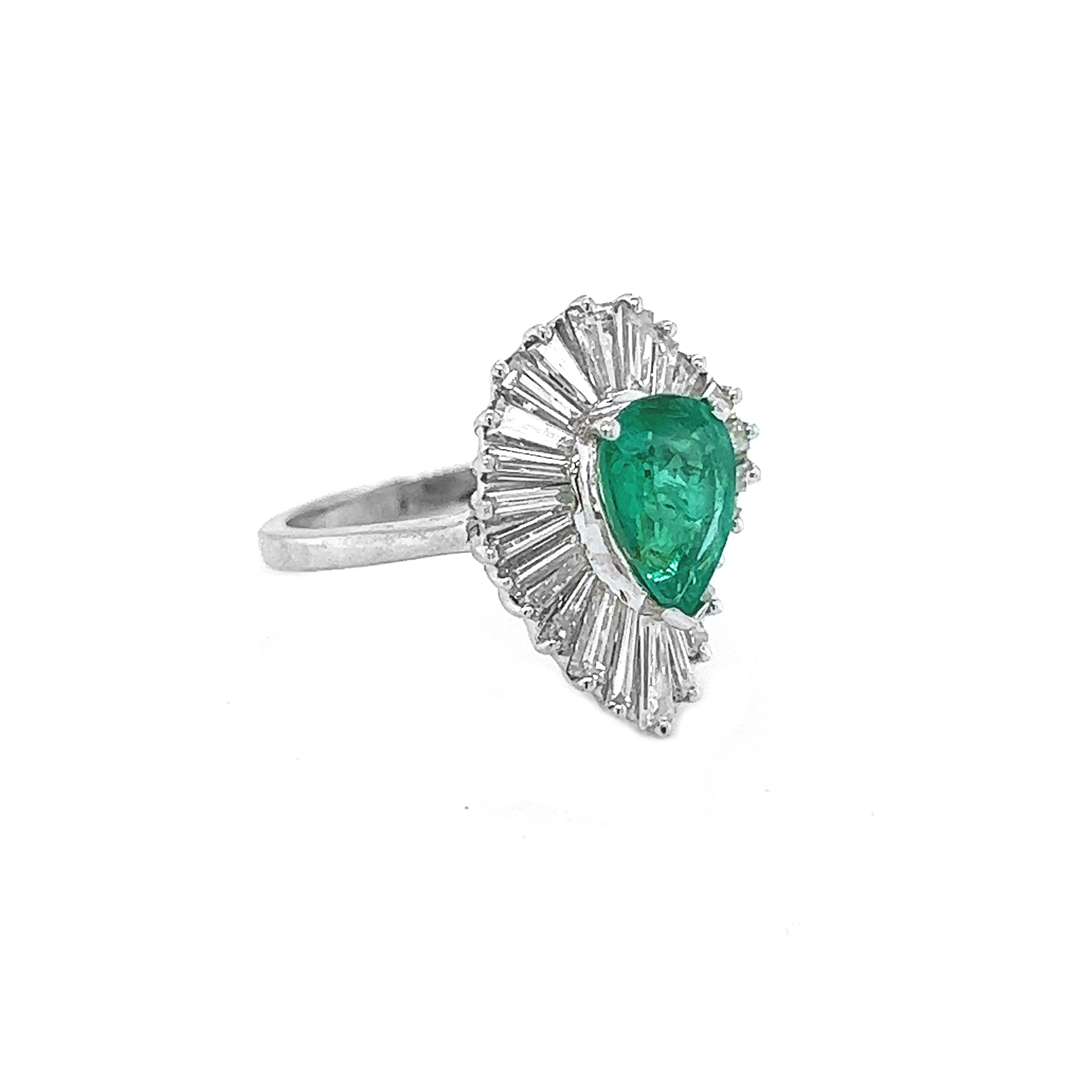 Natural Pear Shaped Emerald and Natural Mined Baguette Diamond Cluster Ballerina Starburst White Gold Ring