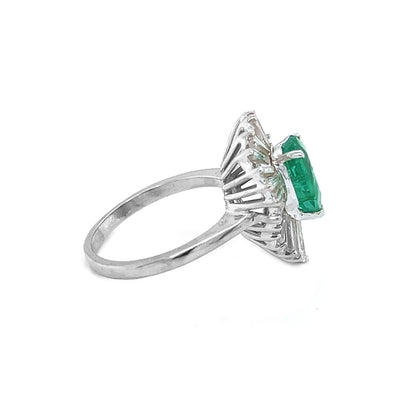 Natural Pear Shaped Emerald and Natural Mined Baguette Diamond Cluster Ballerina Starburst White Gold Ring