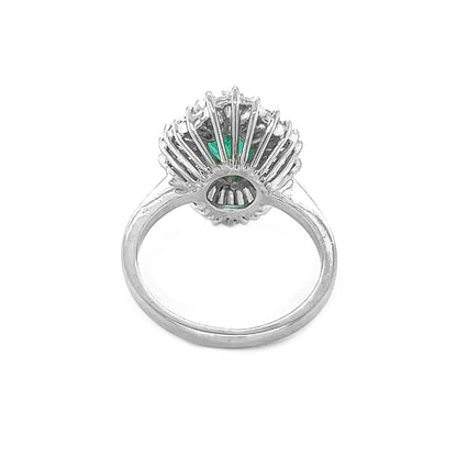 Natural Pear Shaped Emerald and Natural Mined Baguette Diamond Cluster Ballerina Starburst White Gold Ring