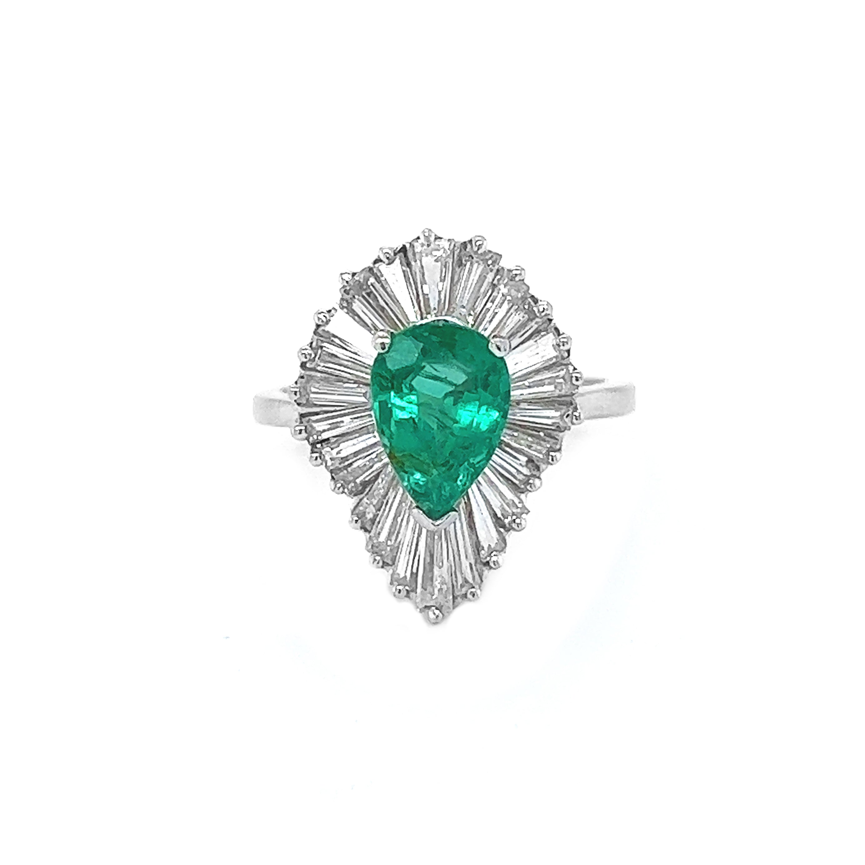 Natural Pear Shaped Emerald and Natural Mined Baguette Diamond Cluster Ballerina Starburst White Gold Ring