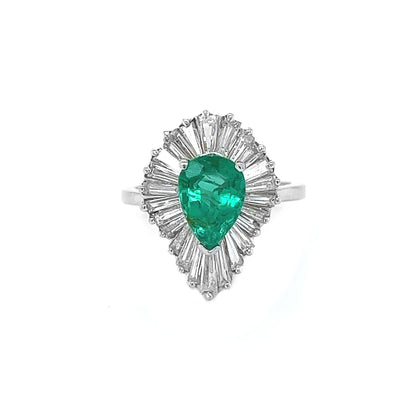 Natural Pear Shaped Emerald and Natural Mined Baguette Diamond Cluster Ballerina Starburst White Gold Ring