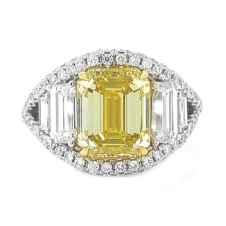 Natural Mined Emerald Cut Fancy Yellow Diamond Halo Ring GIA Certified