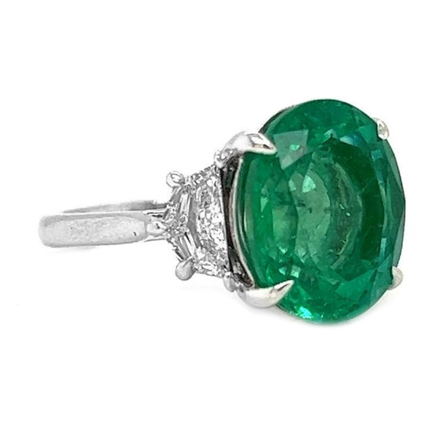 7.13 Carat Natural Mined Diamond Emerald Colombian Three Stone Emerald 18KT White Gold