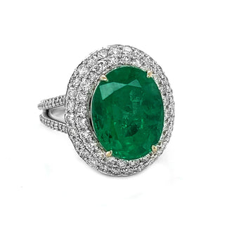 Natural Mined Round Cut Green Emerald with Round Cut Natural Mined Diamond Halo White Gold Ring