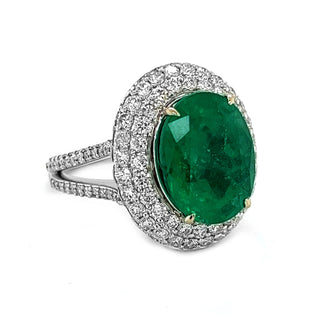 Natural Mined Round Cut Green Emerald with Round Cut Natural Mined Diamond Halo White Gold Ring