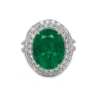 Natural Mined Round Cut Green Emerald with Round Cut Natural Mined Diamond Halo White Gold Ring