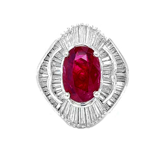 Natural Red Ruby with Diamond Cluster Halo Ring, in Platinum