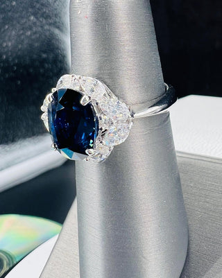 Natural Blue Sapphire and Diamond Halo Cocktail Ring, in Platinum