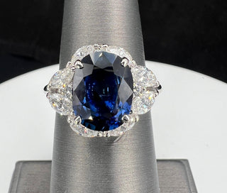 Natural Blue Sapphire and Diamond Halo Cocktail Ring, in Platinum