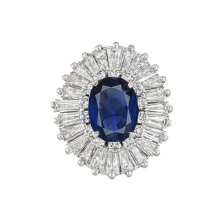 Natural Mined Blue Sapphire Oval Cut and Natural Mined Diamond Baguette Cluster Halo Platinum GIA Certified Ring