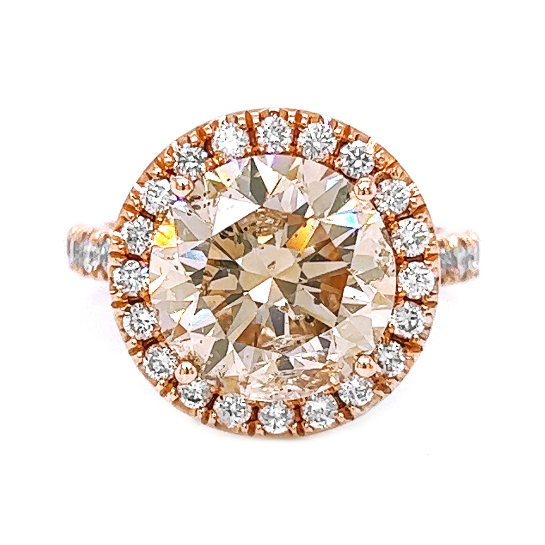 5.98 Carat Natural Mined Round Cognac Diamond Halo 14KT Rose Gold