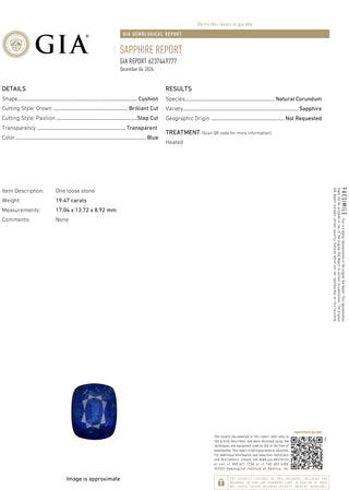 19.47 Carat Cushion Shaped Blue Sapphire (GIA) 6237449777