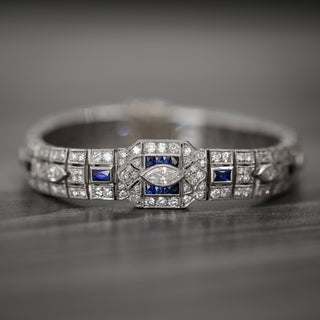 Natural Diamond with Blue Sapphire Art Deco Cocktail Platinum Bracelet