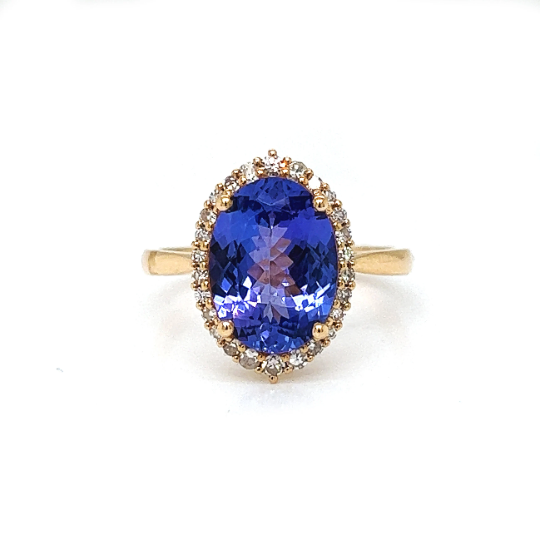 Natural Tanzanite and Natural Mined Diamond Halo Floral Yellow Gold Ring