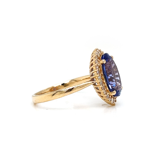 Natural Tanzanite and Natural Mined Diamond Halo Floral Yellow Gold Ring