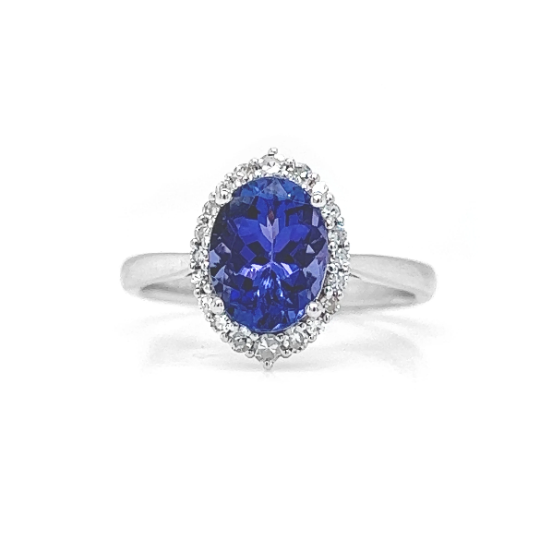 Natural Oval Tanzanite and Natural Mined Round Diamond Halo Floral White Gold Ring