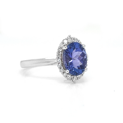 Natural Oval Tanzanite and Natural Mined Round Diamond Halo Floral White Gold Ring