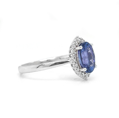 Natural Oval Tanzanite and Natural Mined Round Diamond Halo Floral White Gold Ring