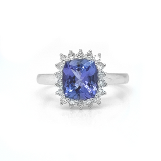 Natural Tanzanite and Natural Mined Diamond Halo Floral White Gold Ring