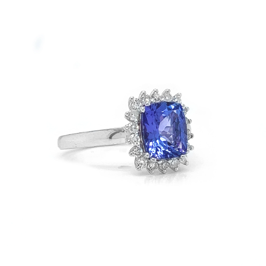 Natural Tanzanite and Natural Mined Diamond Halo Floral White Gold Ring