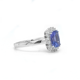 Natural Tanzanite and Diamond Halo Floral White Gold Ring