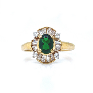 Natural Green Oval Tourmaline and  Mined Diamond Yellow Gold Ring