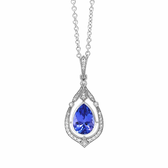 Natural Tanzanite and Natural Mined Diamond Cocktail Art Deco Necklace White Gold