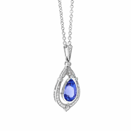 Natural Tanzanite and Natural Mined Diamond Cocktail Art Deco Necklace White Gold