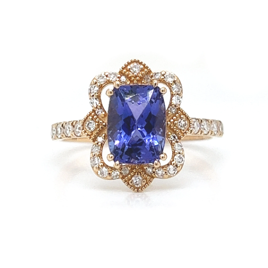 Natural Tanzanite and Natural Mined Diamond Art Deco Yellow Gold Cocktail Ring