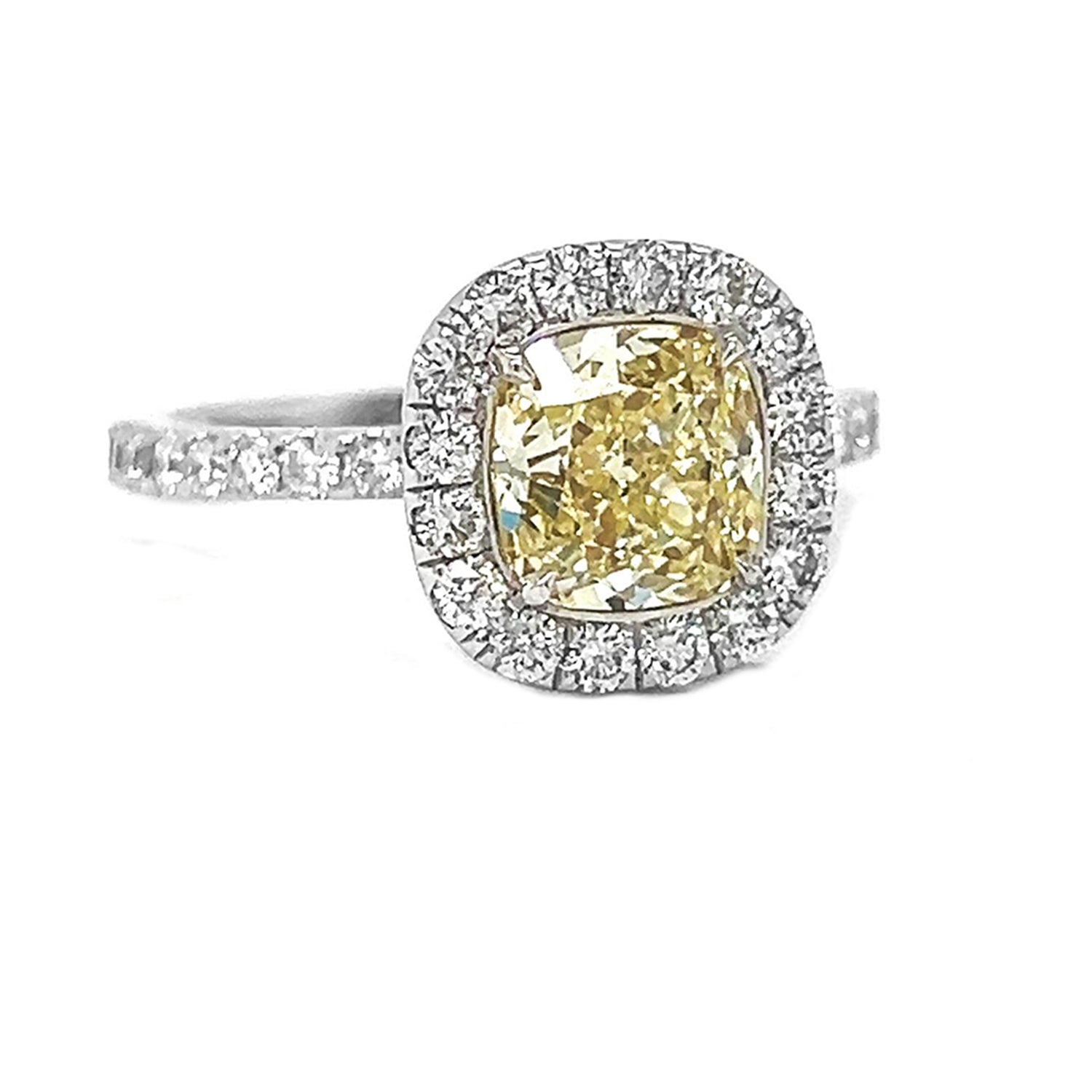 2.68 Carat Natural Mined GIA Certified Diamond Cushion Fancy Yellow 18KT White Gold