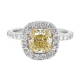 Natural Mined Cushion Cut Fancy Yellow Diamond Halo White Gold Ring GIA Certified