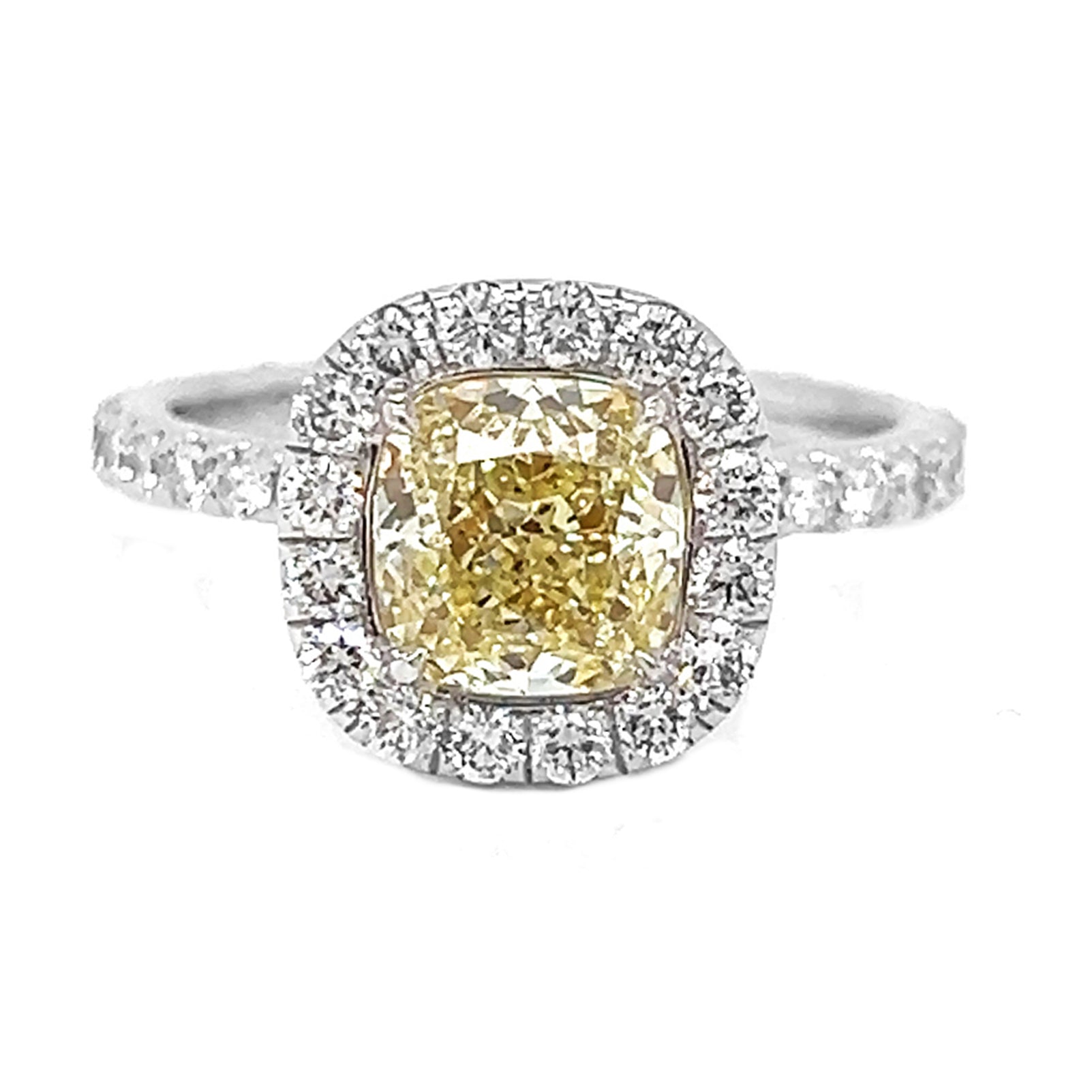 2.68 Carat Natural Mined GIA Certified Diamond Cushion Fancy Yellow 18KT White Gold